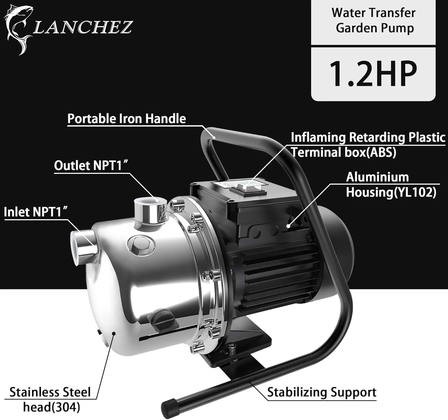 Lanchez 1.2 HP Portable Shallow Well Pump Garden Pump, 1828 GPH Stainless Steel Sprinkler Pump, 115V Water Transfer Draining Irrigation Pump for Lawn