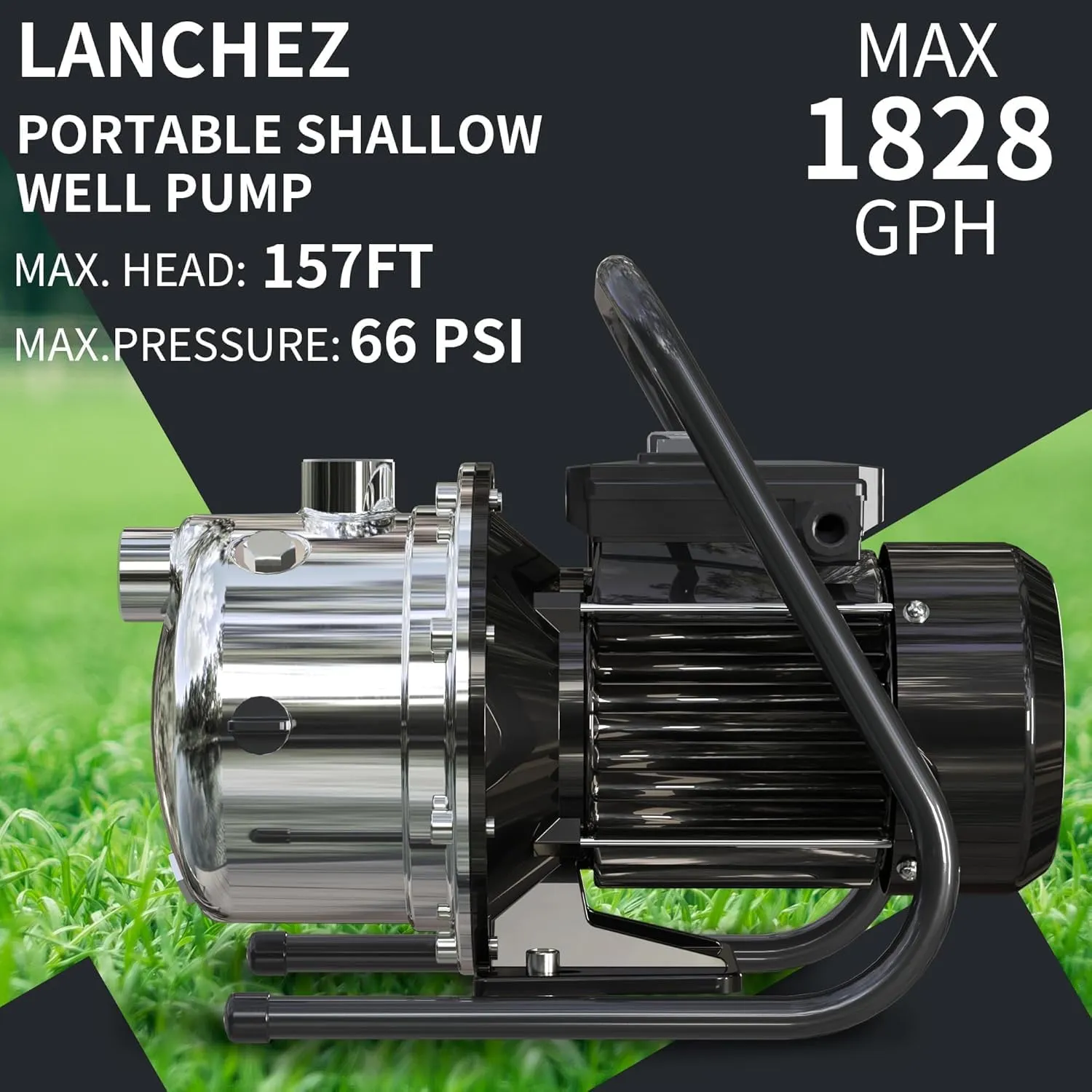 Lanchez 1.2 HP Portable Shallow Well Pump Garden Pump, 1828 GPH Stainless Steel Sprinkler Pump, 115V Water Transfer Draining Irrigation Pump for Lawn