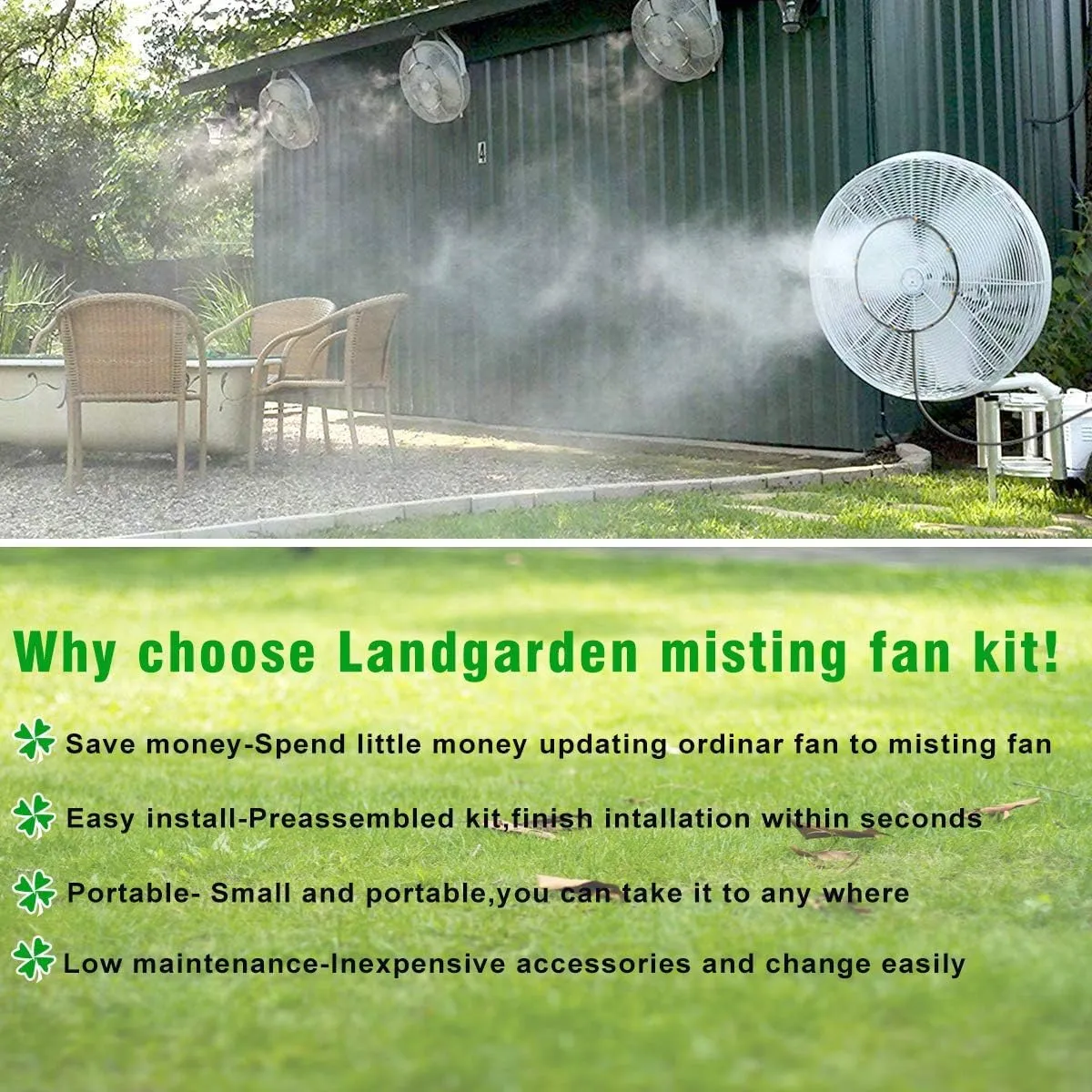 LANDGARDEN Outdoor Misting Fan Kit for a Cool Patio Breeze,Water Mister Spray for Cooling Outdoor,19.36FT (5.9M) Misting Line   5 Brass Mist Nozzles   a Brass Adapter(3/4) Fit to Any Outdoor Fan