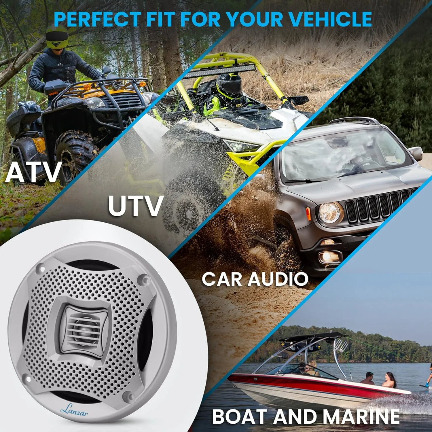 Lanzar 6.5 Inch Marine Speakers - 2 Way Water Resistant Audio Stereo Sound System with 400 Watt Power, Attachable Grills and Resin Treatment for Indoor and Outdoor Use - 1 Pair - AQ6CXS (Silver)