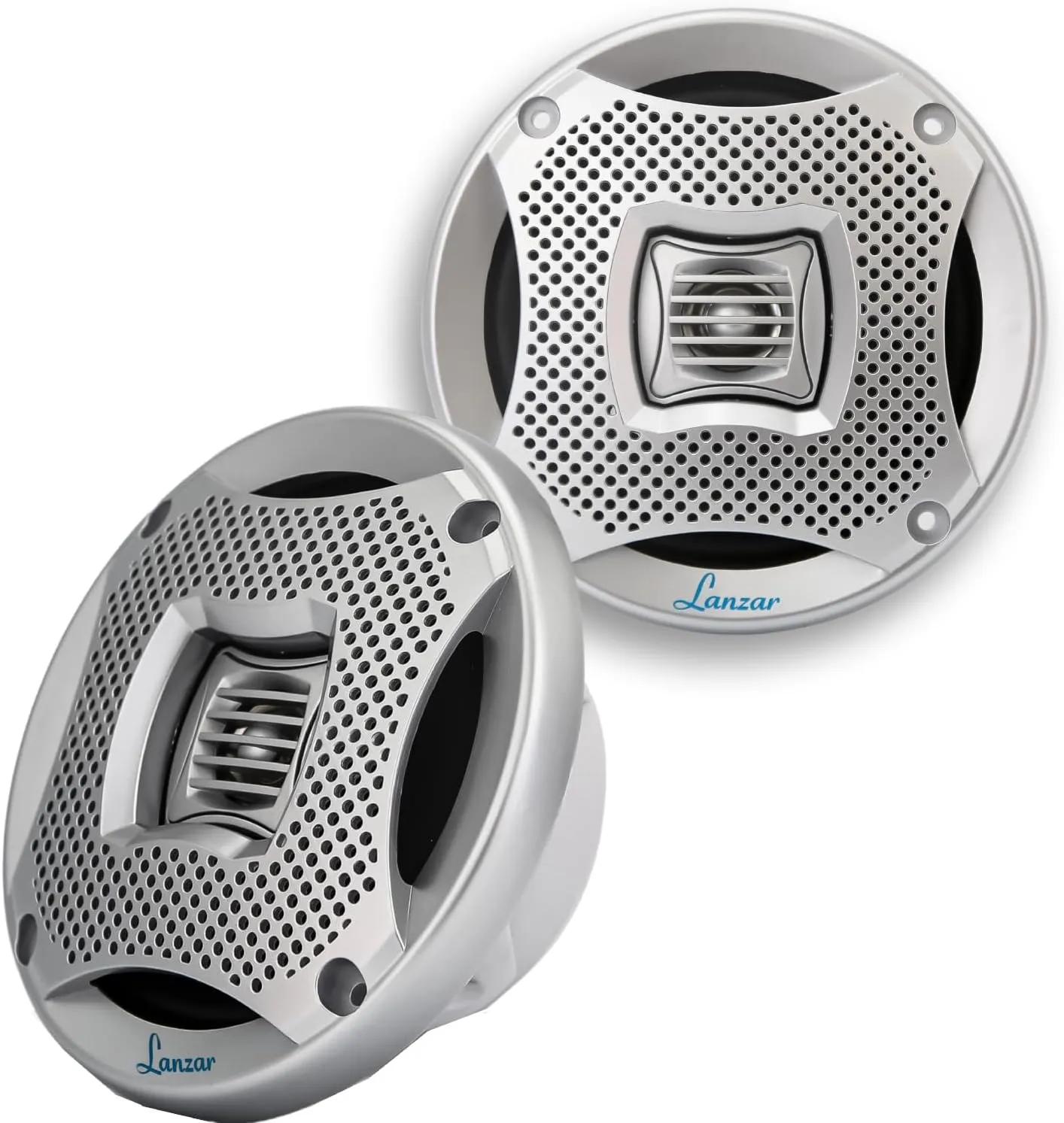 Lanzar 6.5 Inch Marine Speakers - 2 Way Water Resistant Audio Stereo Sound System with 400 Watt Power, Attachable Grills and Resin Treatment for Indoor and Outdoor Use - 1 Pair - AQ6CXS (Silver)