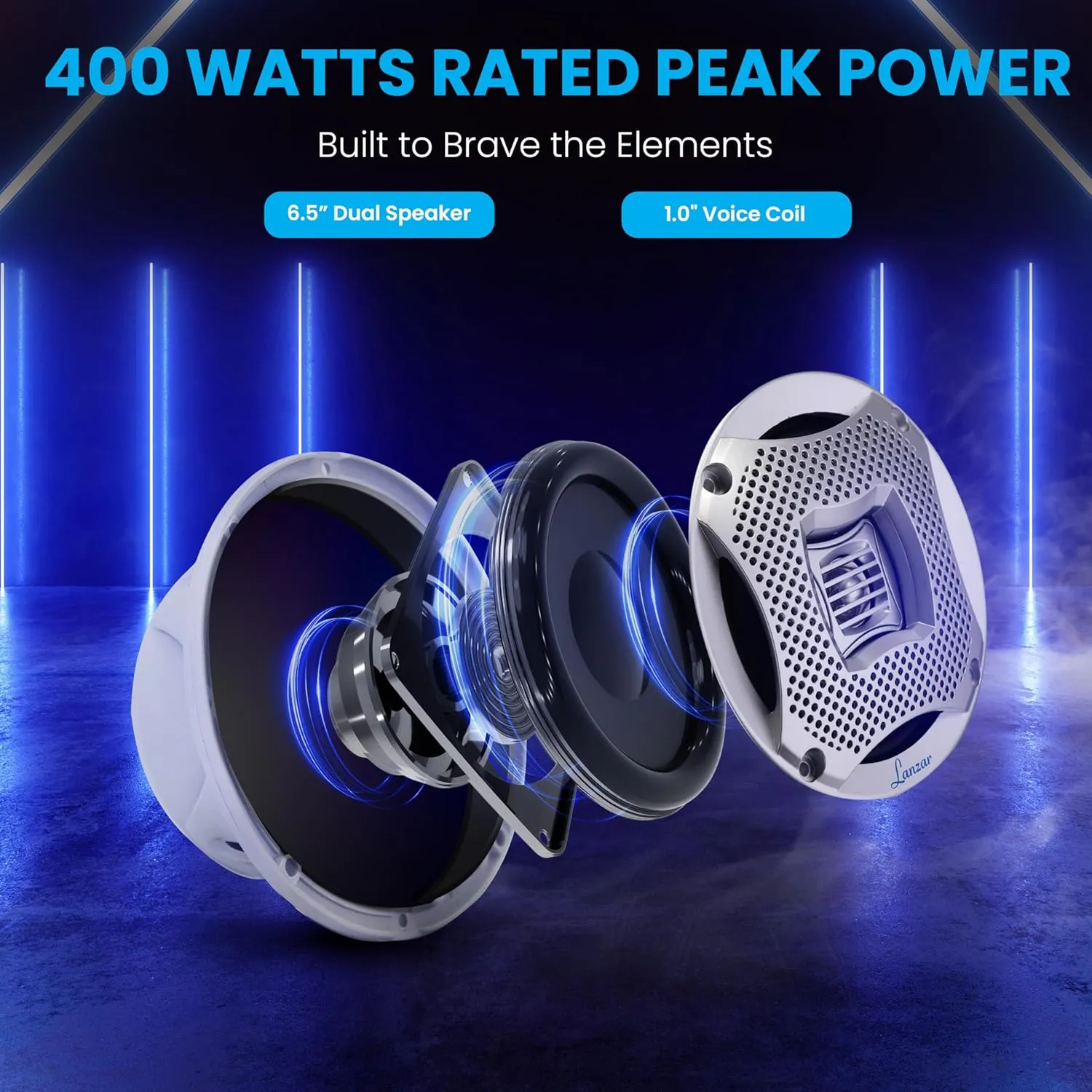 Lanzar 6.5 Inch Marine Speakers - 2 Way Water Resistant Audio Stereo Sound System with 400 Watt Power, Attachable Grills and Resin Treatment for Indoor and Outdoor Use - 1 Pair - AQ6CXS (Silver)