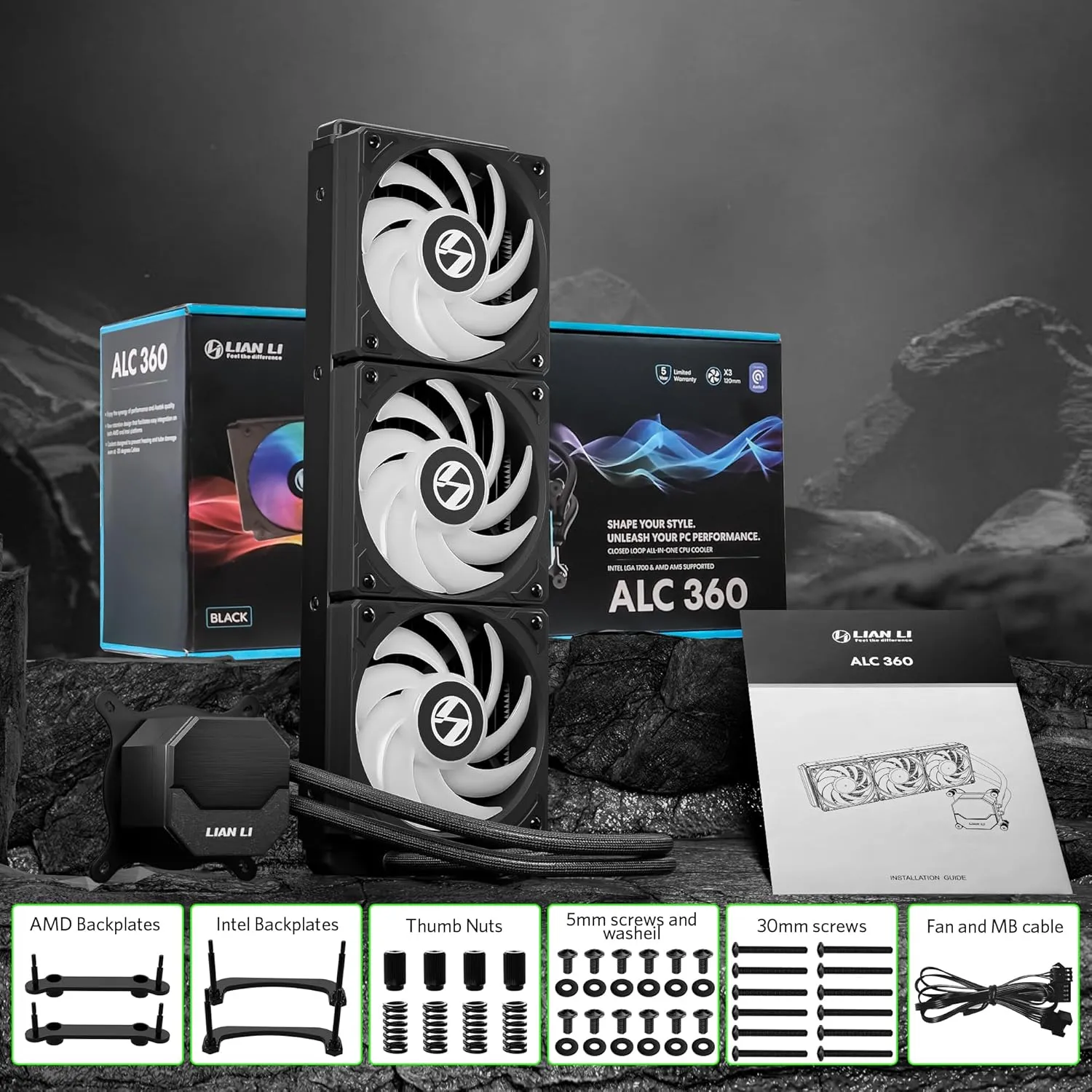 LIAN LI ALC360 AIO Cooler 360mm Radiator Liquid CPU Cooler RGB All-in-One Water Cooling System, 3x120mm PWM Fans, LGA1700 Bracket, AMD AM5/AM4 Intel LGA1200/115X Compatible (Black)