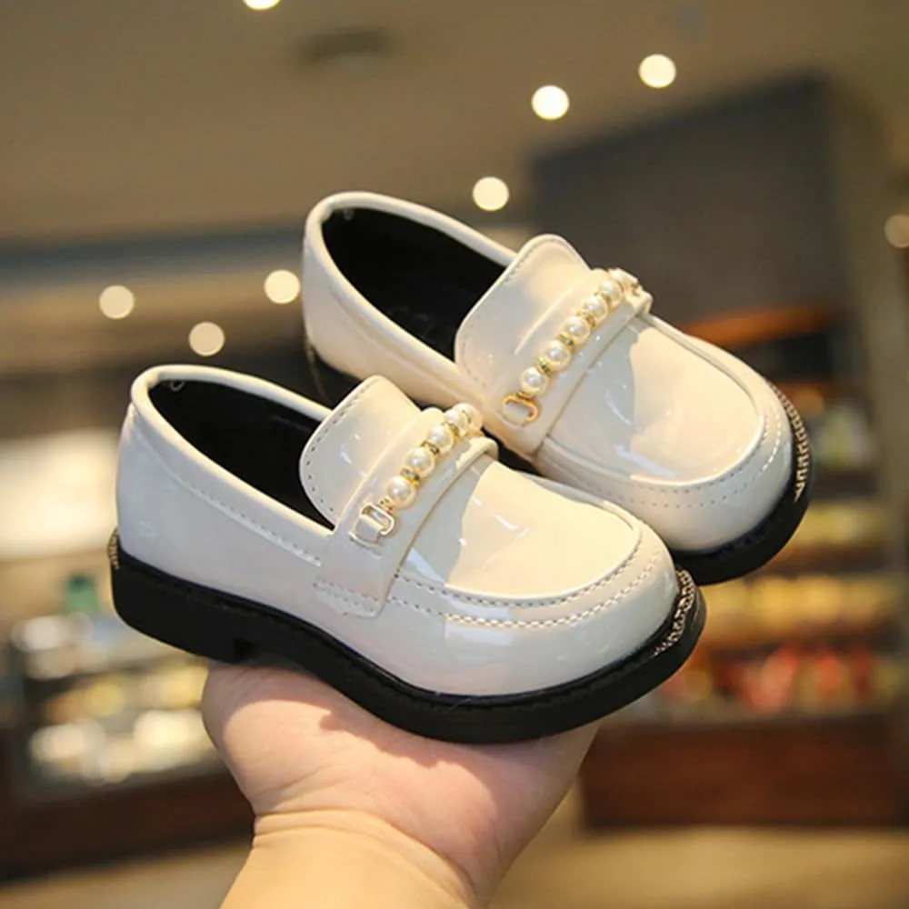 Little Girls Patent Leather Oxford Slip-On Penny Loafer Rhinestones Pearls Flats Black White School Uniform Dress Shoes for Toddlers/Little Girls