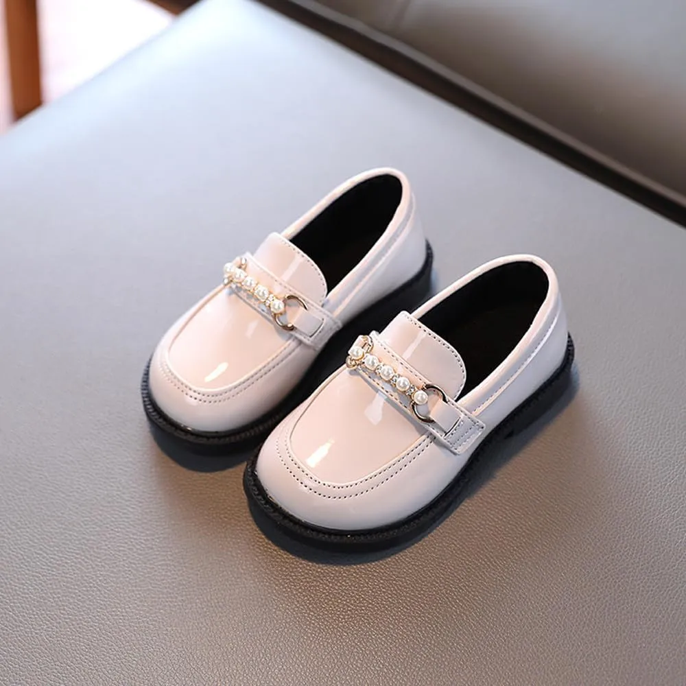 Little Girls Patent Leather Oxford Slip-On Penny Loafer Rhinestones Pearls Flats Black White School Uniform Dress Shoes for Toddlers/Little Girls