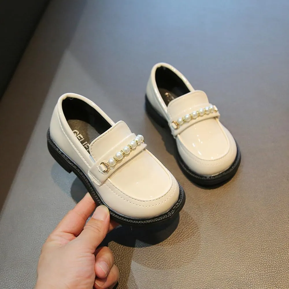 Little Girls Patent Leather Oxford Slip-On Penny Loafer Rhinestones Pearls Flats Black White School Uniform Dress Shoes for Toddlers/Little Girls