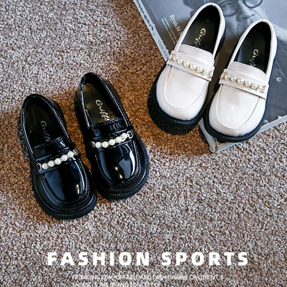 Little Girls Patent Leather Oxford Slip-On Penny Loafer Rhinestones Pearls Flats Black White School Uniform Dress Shoes for Toddlers/Little Girls