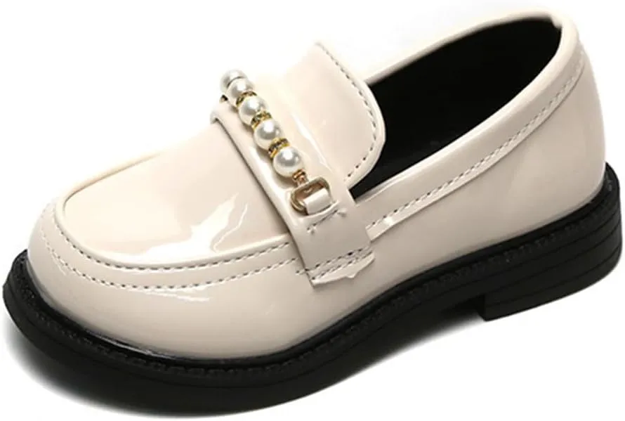 Little Girls Patent Leather Oxford Slip-On Penny Loafer Rhinestones Pearls Flats Black White School Uniform Dress Shoes for Toddlers/Little Girls