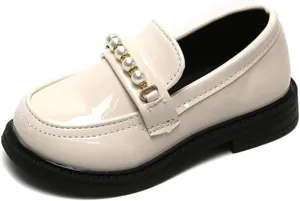 Little Girls Patent Leather Oxford Slip-On Penny Loafer Rhinestones Pearls Flats Black White School Uniform Dress Shoes for Toddlers/Little Girls