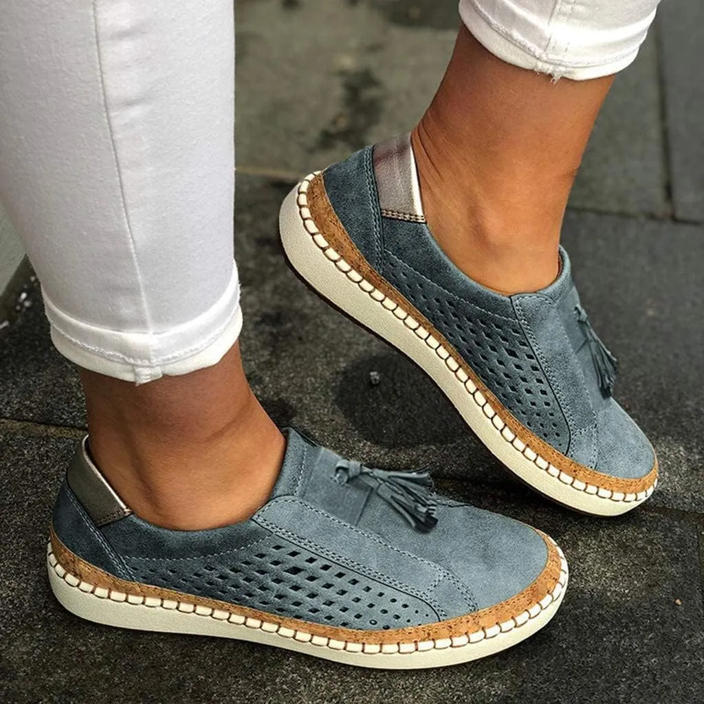 Loafers for Women Comfort Walking Shoes Womens Casual Round Toe Breathable Hollow Out Tassel Walking Beach Shoes Slip On Canvas Flats Comfy Lightweight Walking Office Outdoor Going Out Footwear