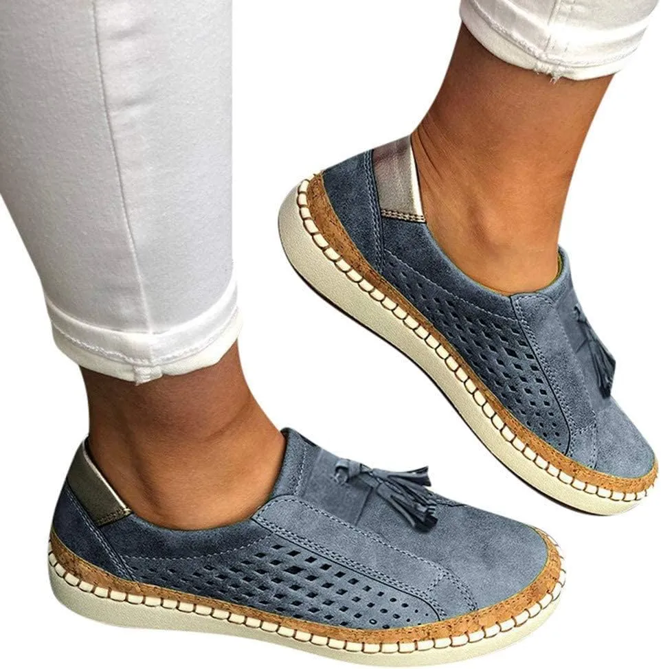 Loafers for Women Comfort Walking Shoes Womens Casual Round Toe Breathable Hollow Out Tassel Walking Beach Shoes Slip On Canvas Flats Comfy Lightweight Walking Office Outdoor Going Out Footwear