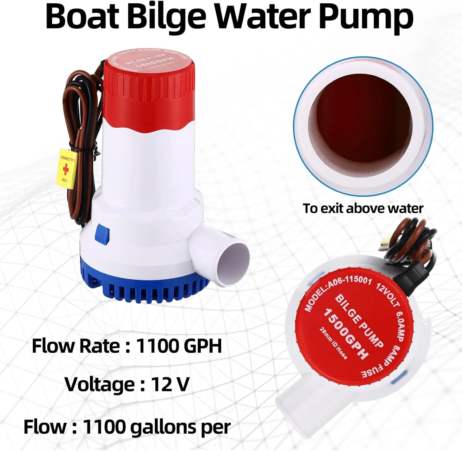 Lounsweer 5 Pcs Bilge Pump Plumbing Kit Includes Submersible 1500GPH 12V Boat Bilge Water Pump Low Noise PVC Bilge Pump Hose 2 Hose Clamps Thru Hull Fitting Switch Pump Installation Kit, 1-1/8 Inch
