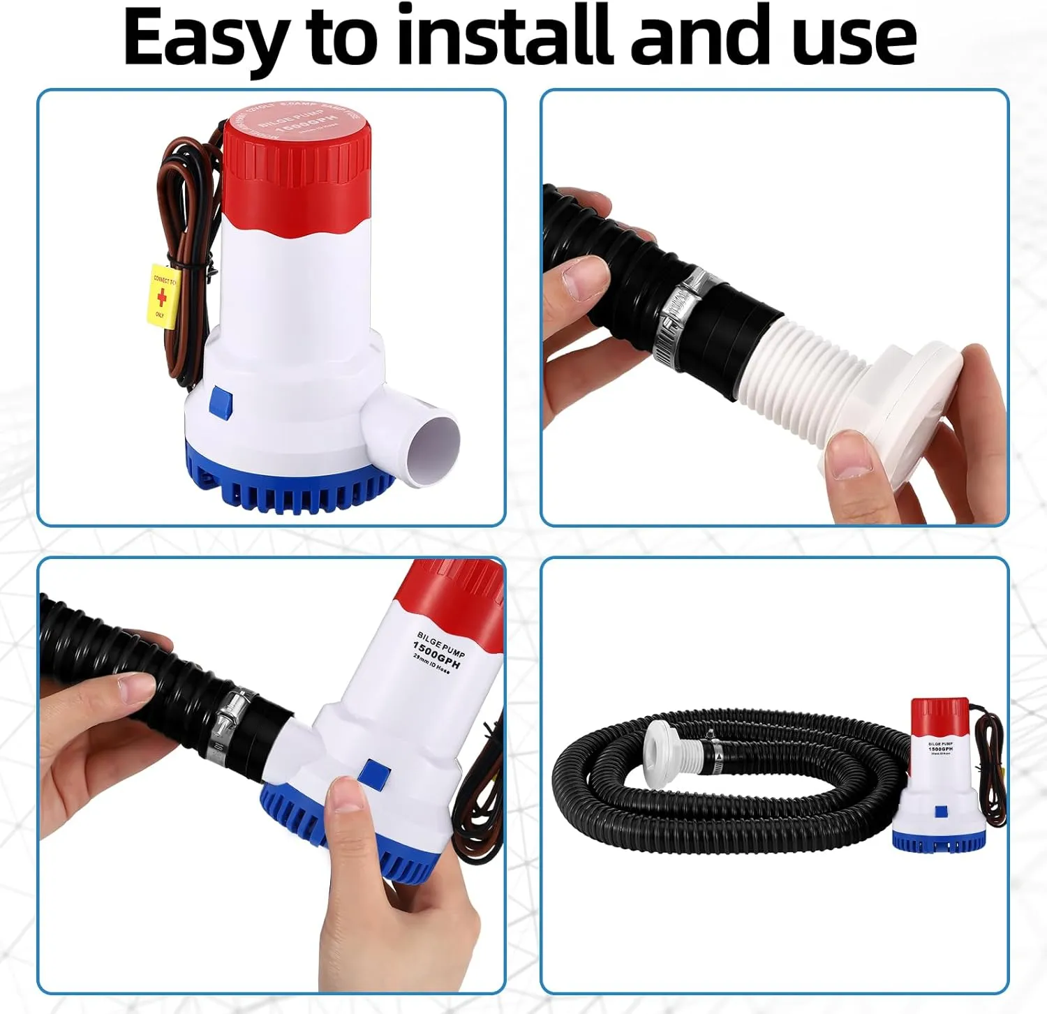 Lounsweer 5 Pcs Bilge Pump Plumbing Kit Includes Submersible 1500GPH 12V Boat Bilge Water Pump Low Noise PVC Bilge Pump Hose 2 Hose Clamps Thru Hull Fitting Switch Pump Installation Kit, 1-1/8 Inch