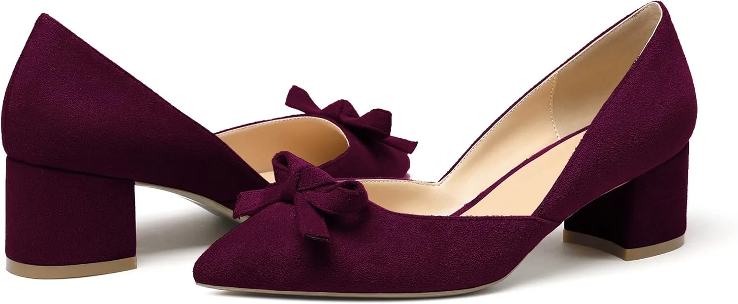 Mettesally Women’s Block Heel Pumps with Bow Knot Pointed Toe D’Orsay Chunky Heel Dress Party Shoes