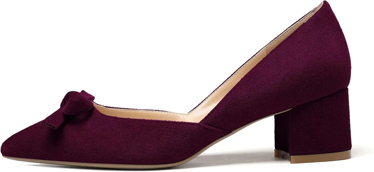 Mettesally Women’s Block Heel Pumps with Bow Knot Pointed Toe D’Orsay Chunky Heel Dress Party Shoes