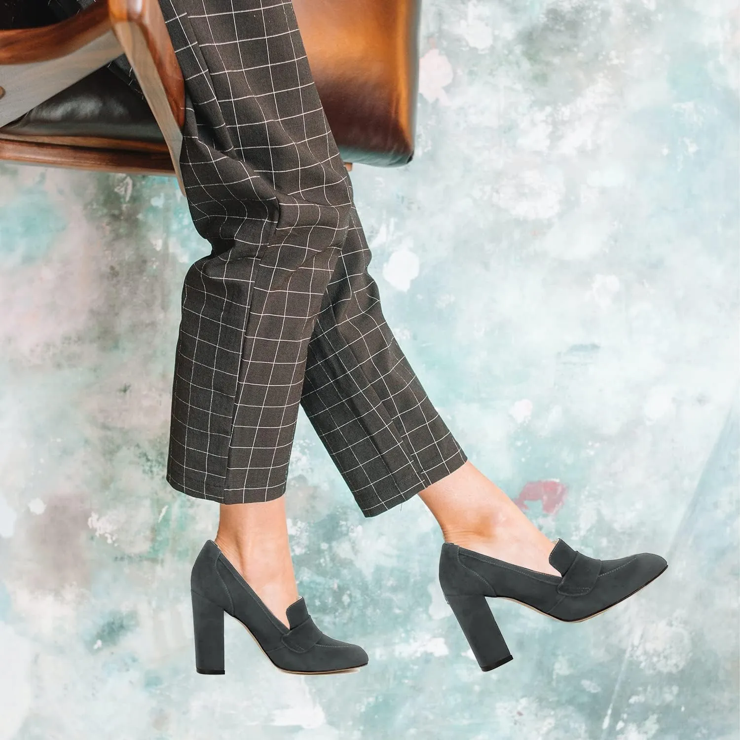 MOOMMO Women Chunky Block Heel Pumps Round Closed Toe Slip On Oxford Loafers Shoes High Heels Snakeskin Work Pump Suede Loafer for Office Ladies Classic Formal Business Professional 4-13 M US