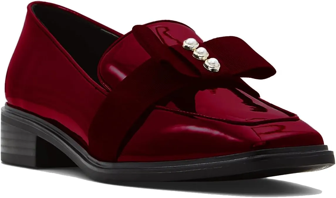 MOOMMO Women Low Chunky Heel Bow Loafers Patent Slip On Square Toe Loafer Pumps Pearl 1 inch Block Heel Dress Shoes Comfort Office Ladies Oxford Loafer Shoes Bow Cute Office 4-11 M US