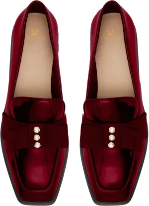 MOOMMO Women Low Chunky Heel Bow Loafers Patent Slip On Square Toe Loafer Pumps Pearl 1 inch Block Heel Dress Shoes Comfort Office Ladies Oxford Loafer Shoes Bow Cute Office 4-11 M US