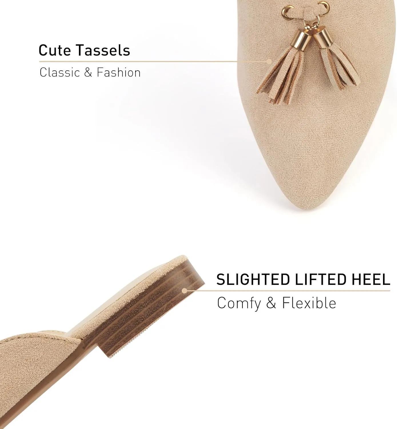 MUSSHOE Mules for Women Comfortable Pointed Toe Backless Slip-on Slides Loafer Flats with Tassels