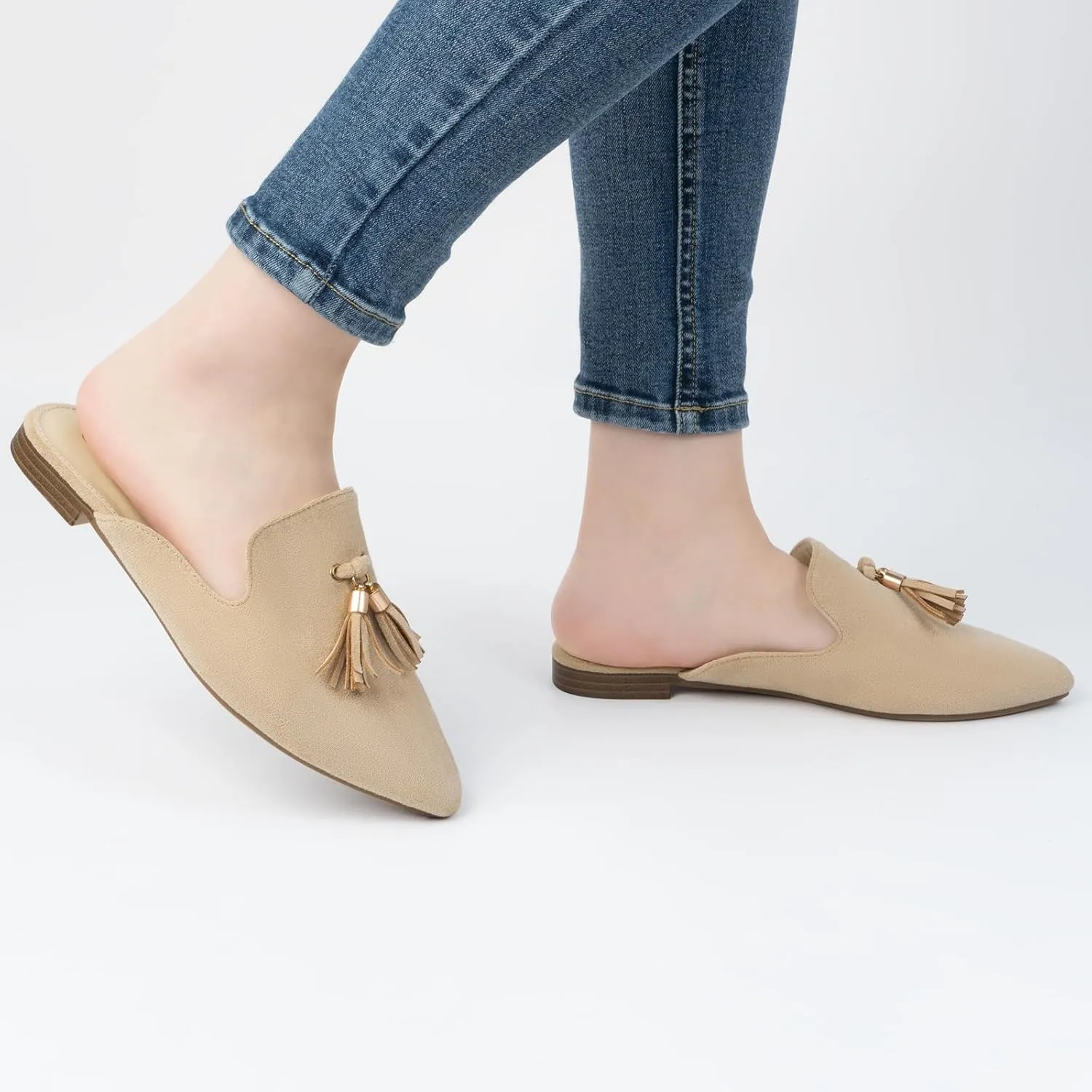 MUSSHOE Mules for Women Comfortable Pointed Toe Backless Slip-on Slides Loafer Flats with Tassels