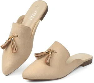 MUSSHOE Mules for Women Comfortable Pointed Toe Backless Slip-on Slides Loafer Flats with Tassels