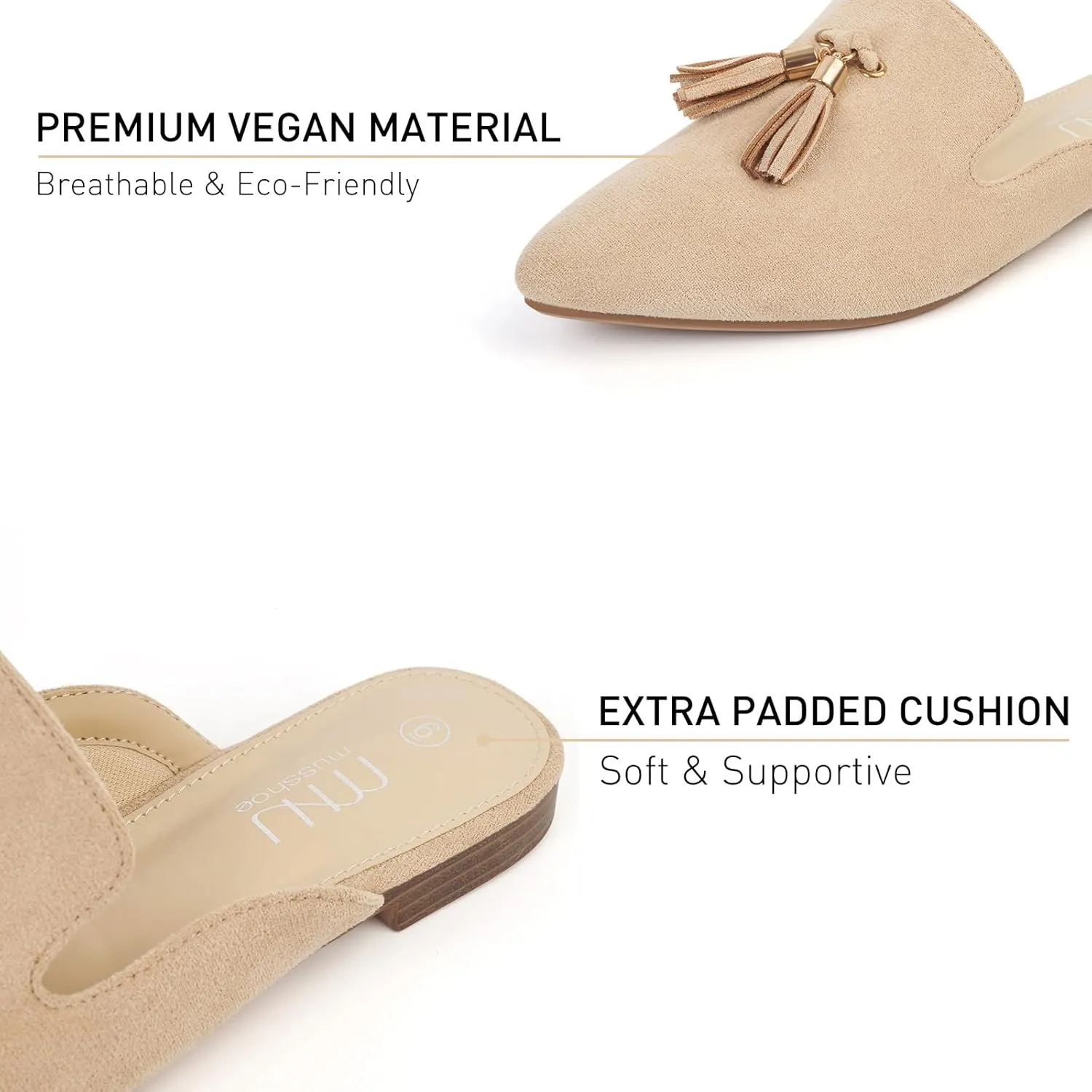 MUSSHOE Mules for Women Comfortable Pointed Toe Backless Slip-on Slides Loafer Flats with Tassels
