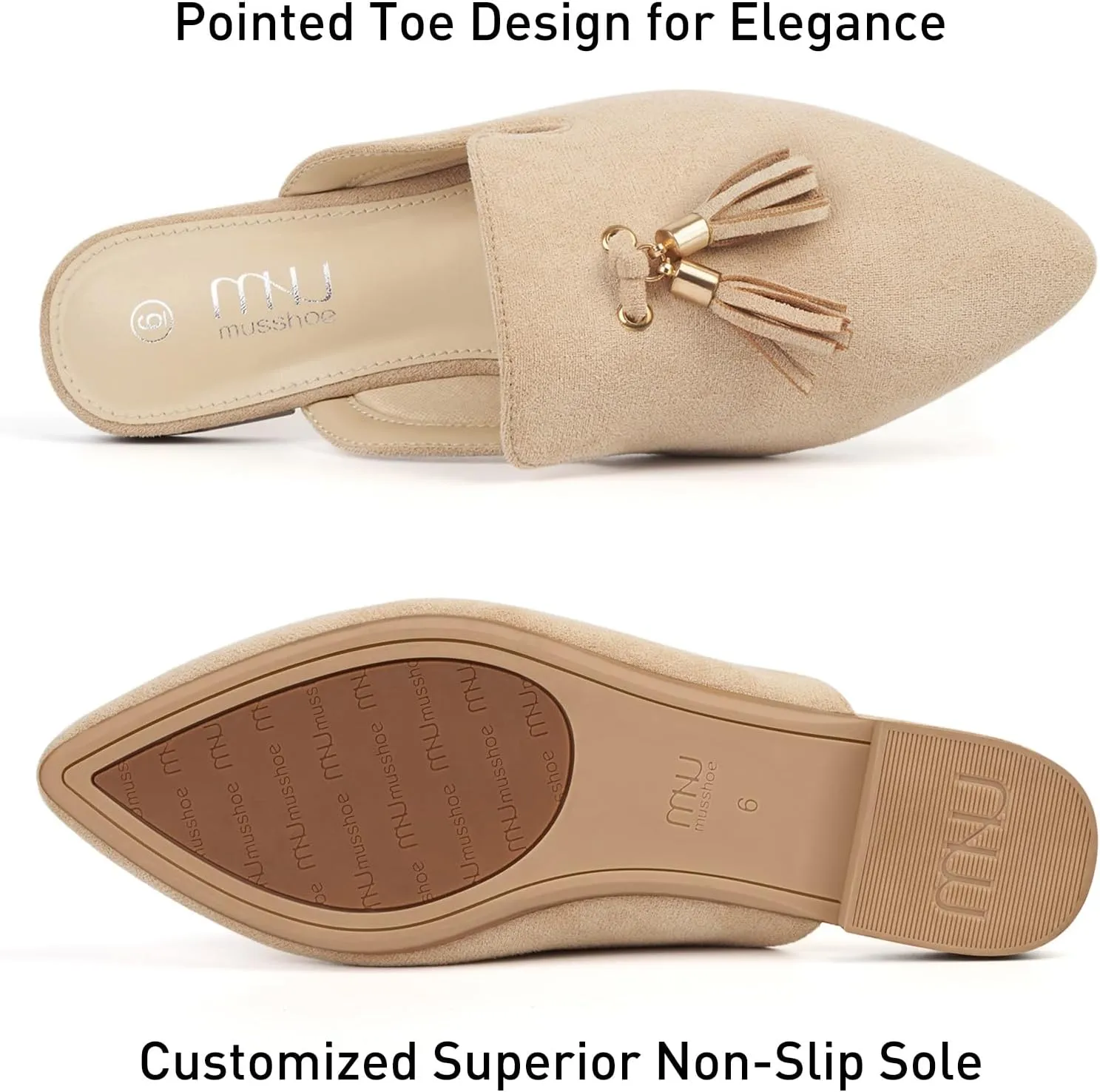 MUSSHOE Mules for Women Comfortable Pointed Toe Backless Slip-on Slides Loafer Flats with Tassels