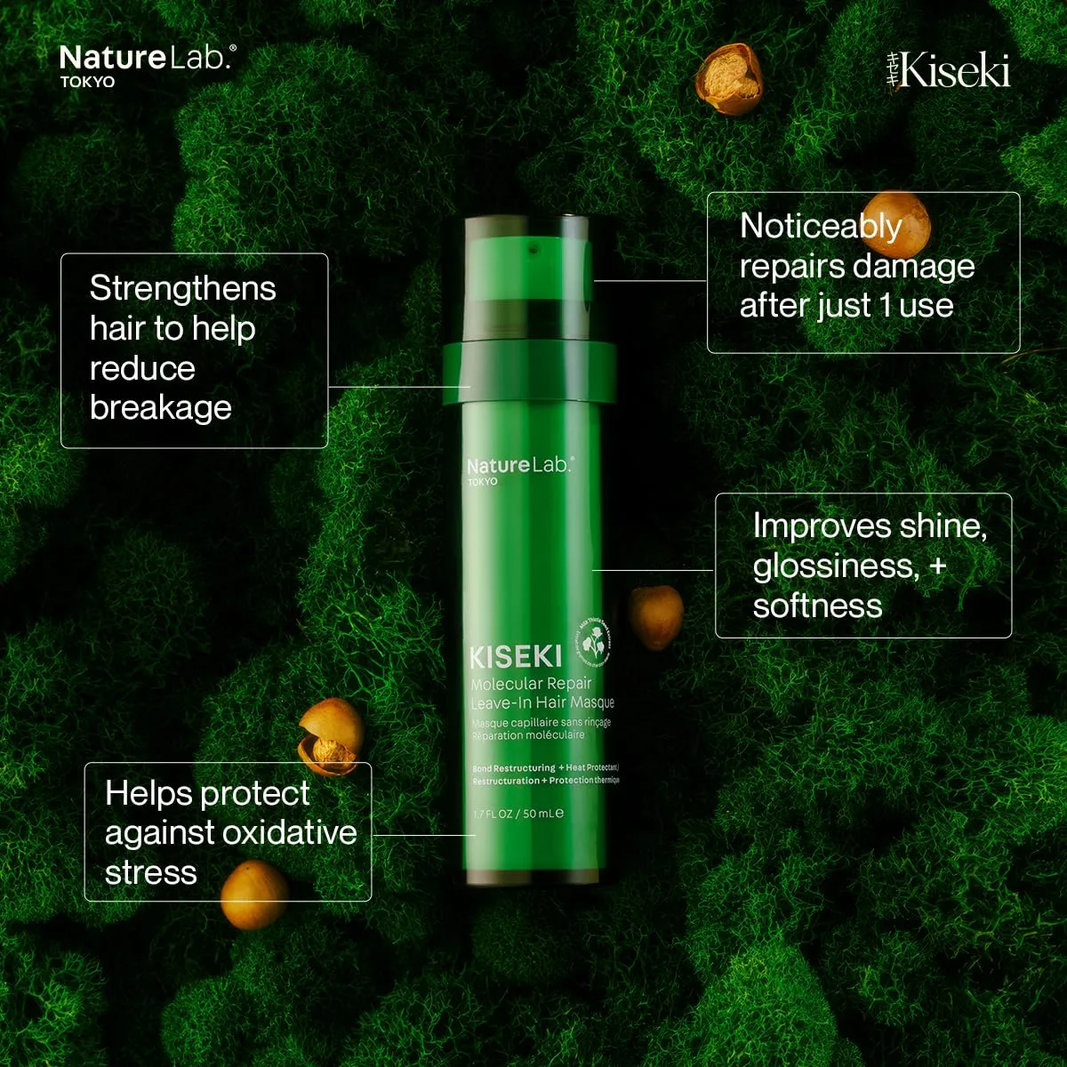 NATURELAB. TOKYO Kiseki Molecular Repair Leave-In Hair Masque – Deep Conditioning Treatment to Restore, Strengthen & Bond Damaged Hair – Repair Split Ends, Add Shine & Smoothness – 1.7 Fl Oz