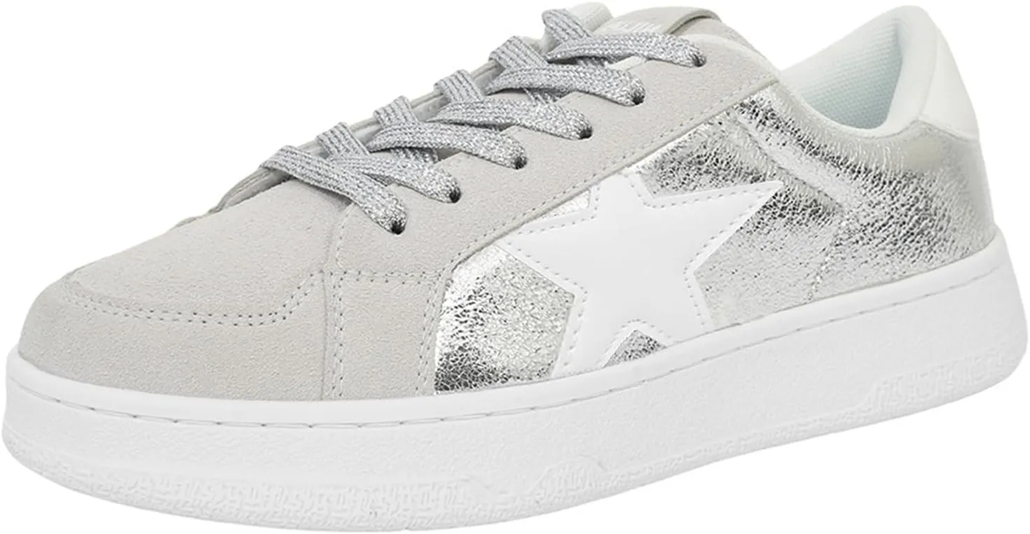 Niluber Star Sneakers for Women Low Top Comfortable Cushioned White Gold Sliver Leopard Platform Sneakers Lace Up Red Glitter Platform Party Shoes