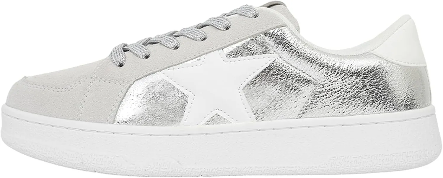 Niluber Star Sneakers for Women Low Top Comfortable Cushioned White Gold Sliver Leopard Platform Sneakers Lace Up Red Glitter Platform Party Shoes