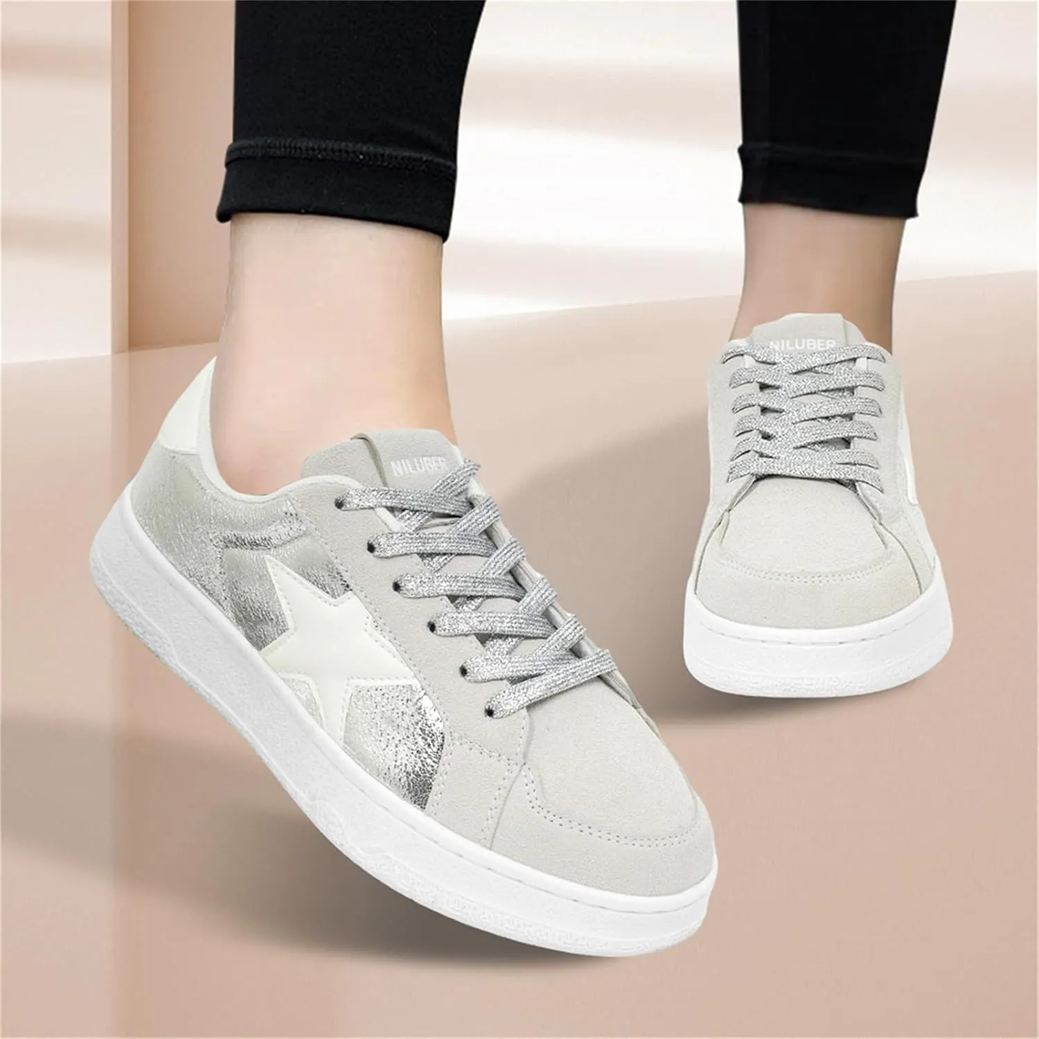 Niluber Star Sneakers for Women Low Top Comfortable Cushioned White Gold Sliver Leopard Platform Sneakers Lace Up Red Glitter Platform Party Shoes