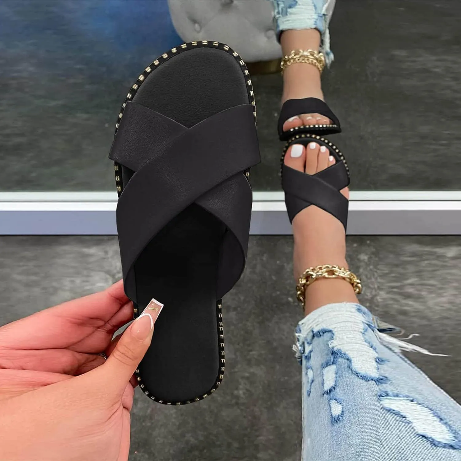 oiangi Slide Sandals Women Studded Flats Summer Casual Open Toe Slip-On Mule Crossed Strap Slipper Comfortable Ladies Shoes