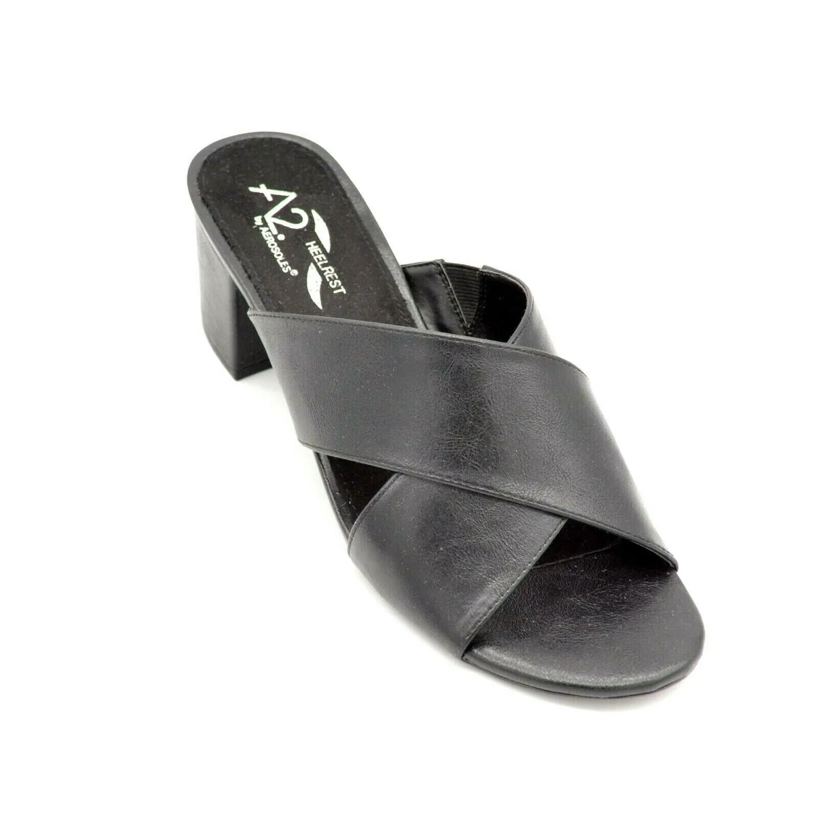 open Women's Mule Wireless Toe Sandal Leather Block Aerosoles International tracking Midday Slide A2 Black Heel