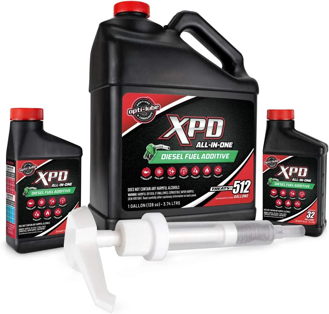 Opti-Lube XPD All Seasons Diesel Fuel Additive: 1 Gallon with Accessories (1 Hand Pump & 2 Empty 8oz Bottles) (1 Gallon XPD with Hand Pump and Regular Accessory Bottles)