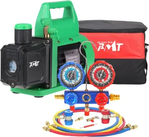 PB Motor Tech Vacuum Pump & Gauge Set - 4.5 CFM Pump w/Aluminum Manifold Gauge, Quick Couplers, 410 Adapter, Can Tap Tool & Carrying Tote, for R134A, R410A, R22, R404A Refrigerants & A/C Maintenance