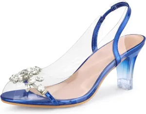 Perphy Peep Toe Flower Rhinestone Clear Chunky Heels Cinderella Glass Sandals for Women