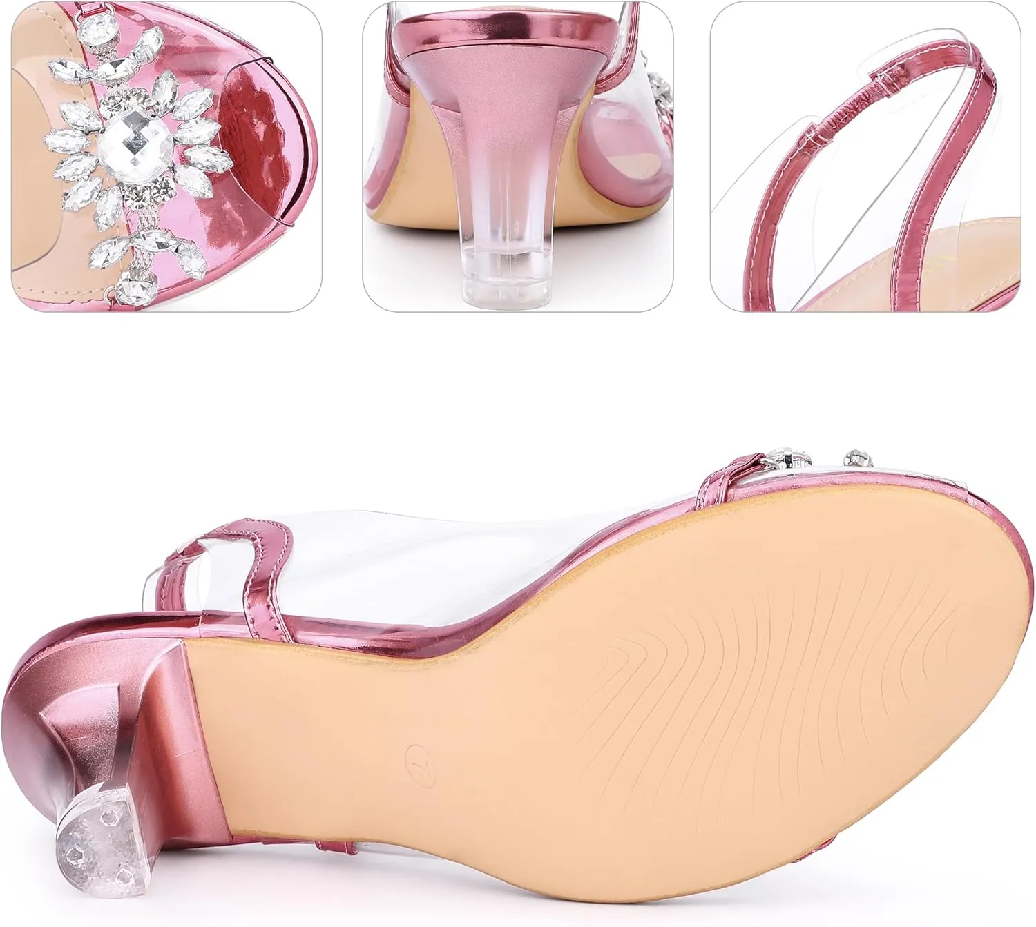 Perphy Peep Toe Flower Rhinestone Clear Chunky Heels Cinderella Glass Sandals for Women