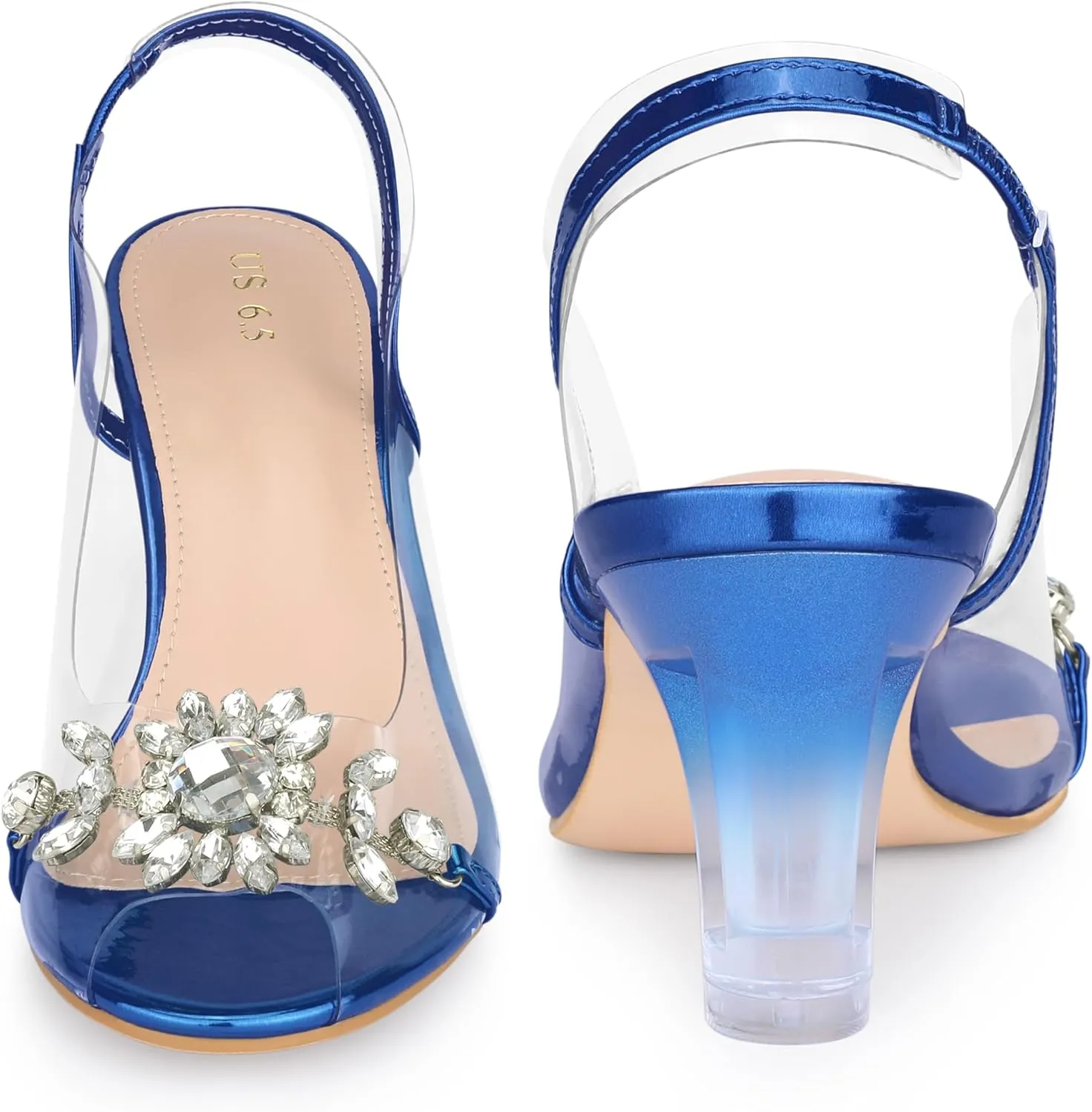 Perphy Peep Toe Flower Rhinestone Clear Chunky Heels Cinderella Glass Sandals for Women