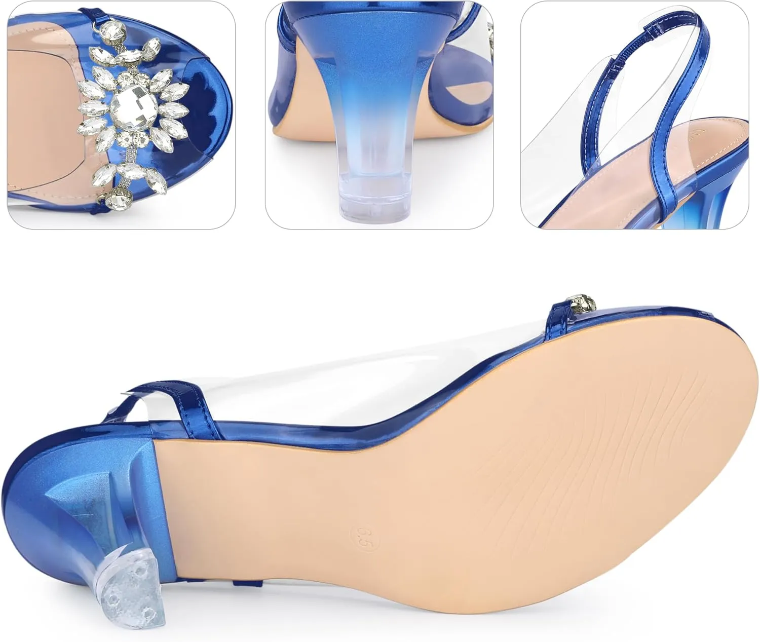Perphy Peep Toe Flower Rhinestone Clear Chunky Heels Cinderella Glass Sandals for Women