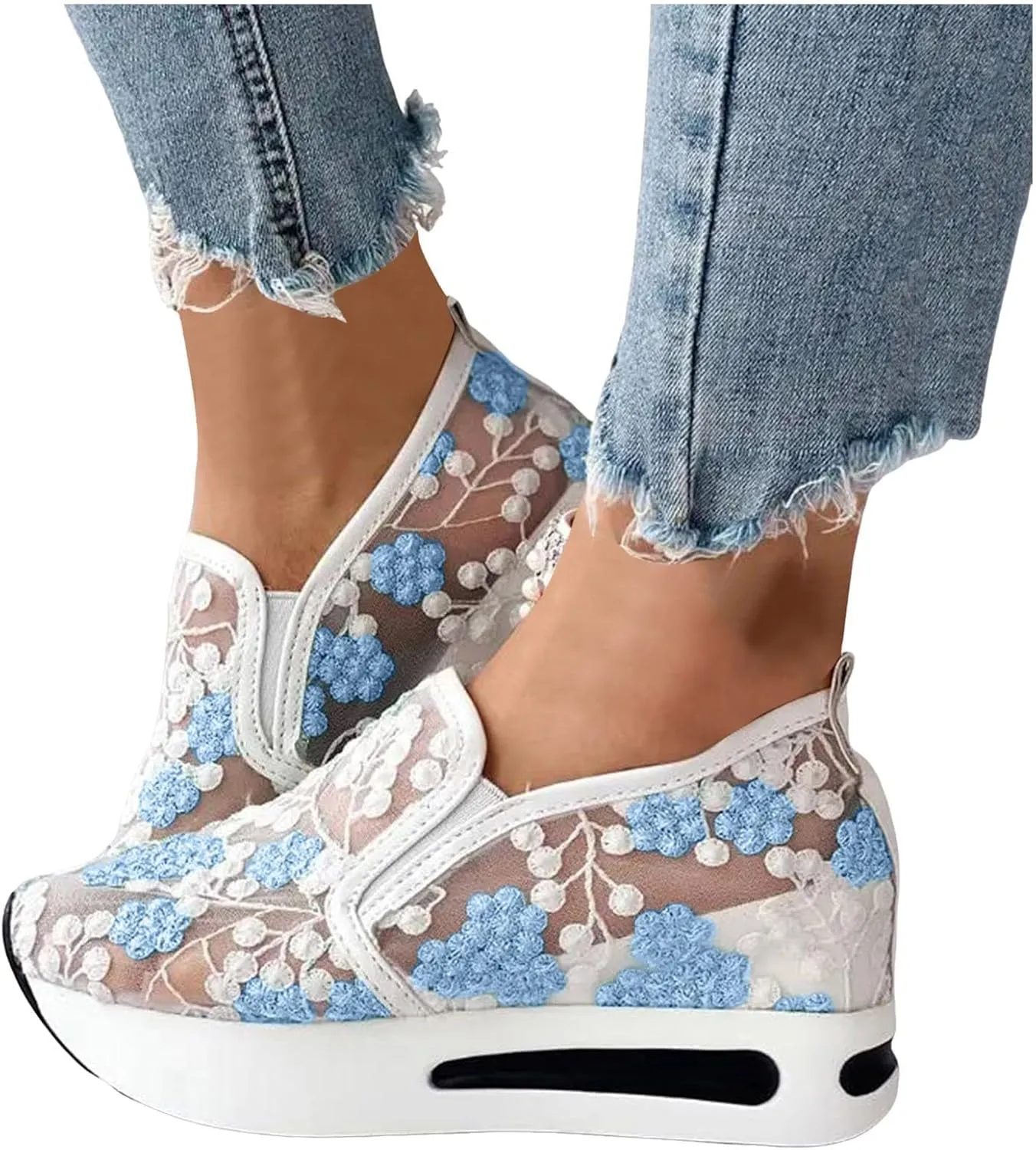 Platform Wedge Shoes for Women Breathable Floral Embroidery Shoes Dressy Casual Chunky Sole Sneakers Sheer Mesh High Heel Tennis Shoe Comfortable Walking Shoe