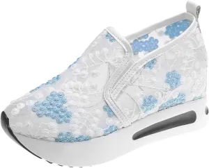 Platform Wedge Shoes for Women Breathable Floral Embroidery Shoes Dressy Casual Chunky Sole Sneakers Sheer Mesh High Heel Tennis Shoe Comfortable Walking Shoe