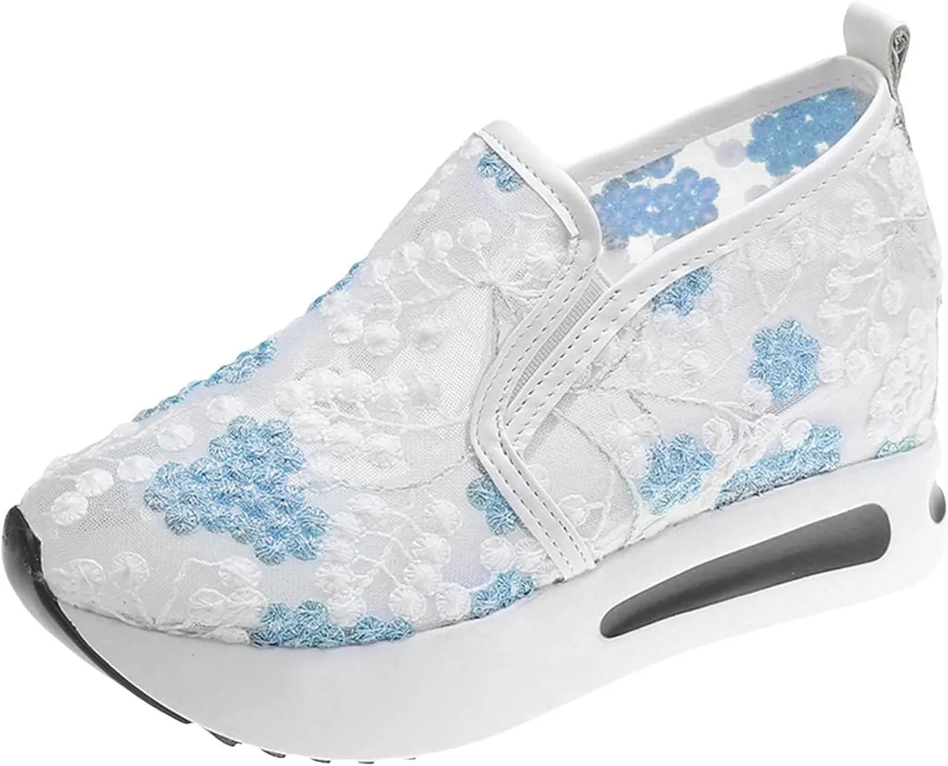 Platform Wedge Shoes for Women Breathable Floral Embroidery Shoes Dressy Casual Chunky Sole Sneakers Sheer Mesh High Heel Tennis Shoe Comfortable Walking Shoe