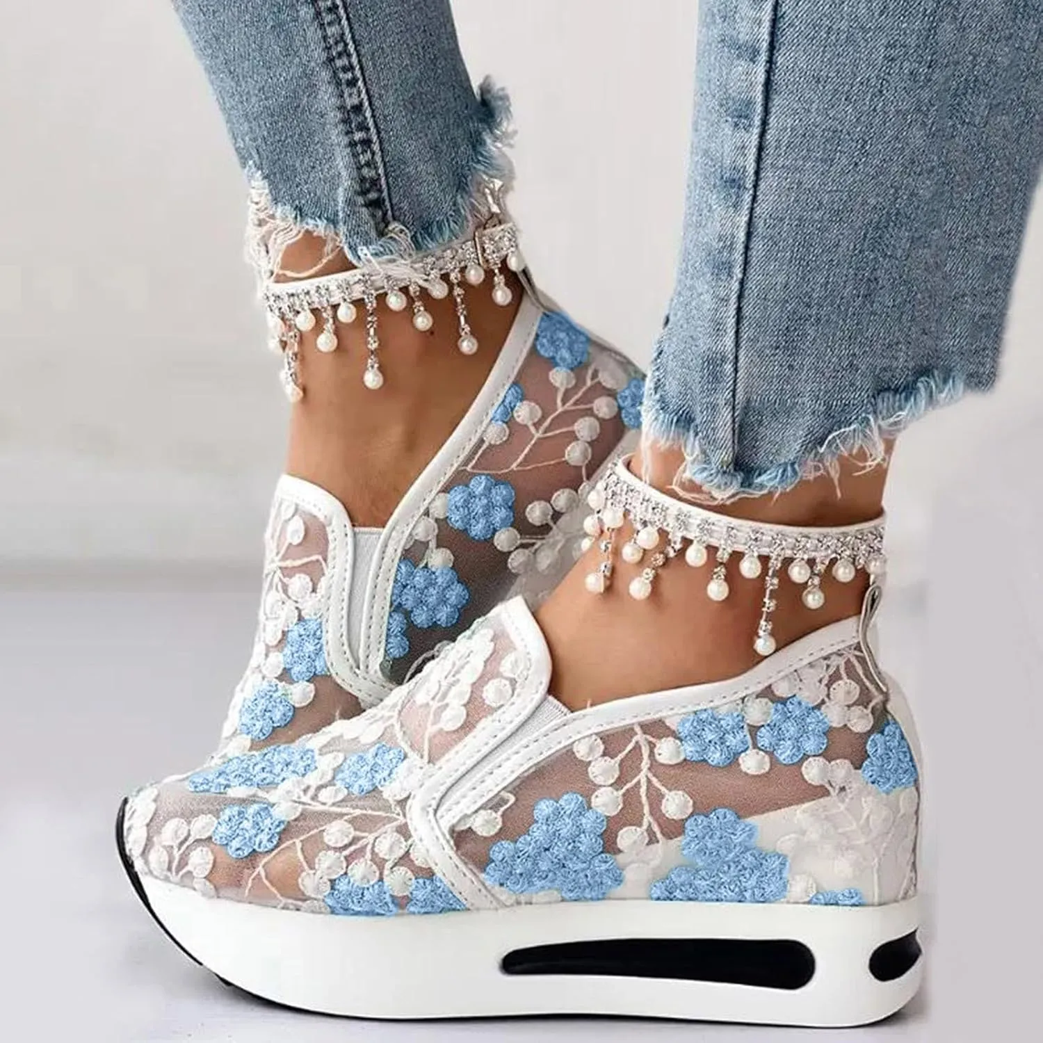 Platform Wedge Shoes for Women Breathable Floral Embroidery Shoes Dressy Casual Chunky Sole Sneakers Sheer Mesh High Heel Tennis Shoe Comfortable Walking Shoe
