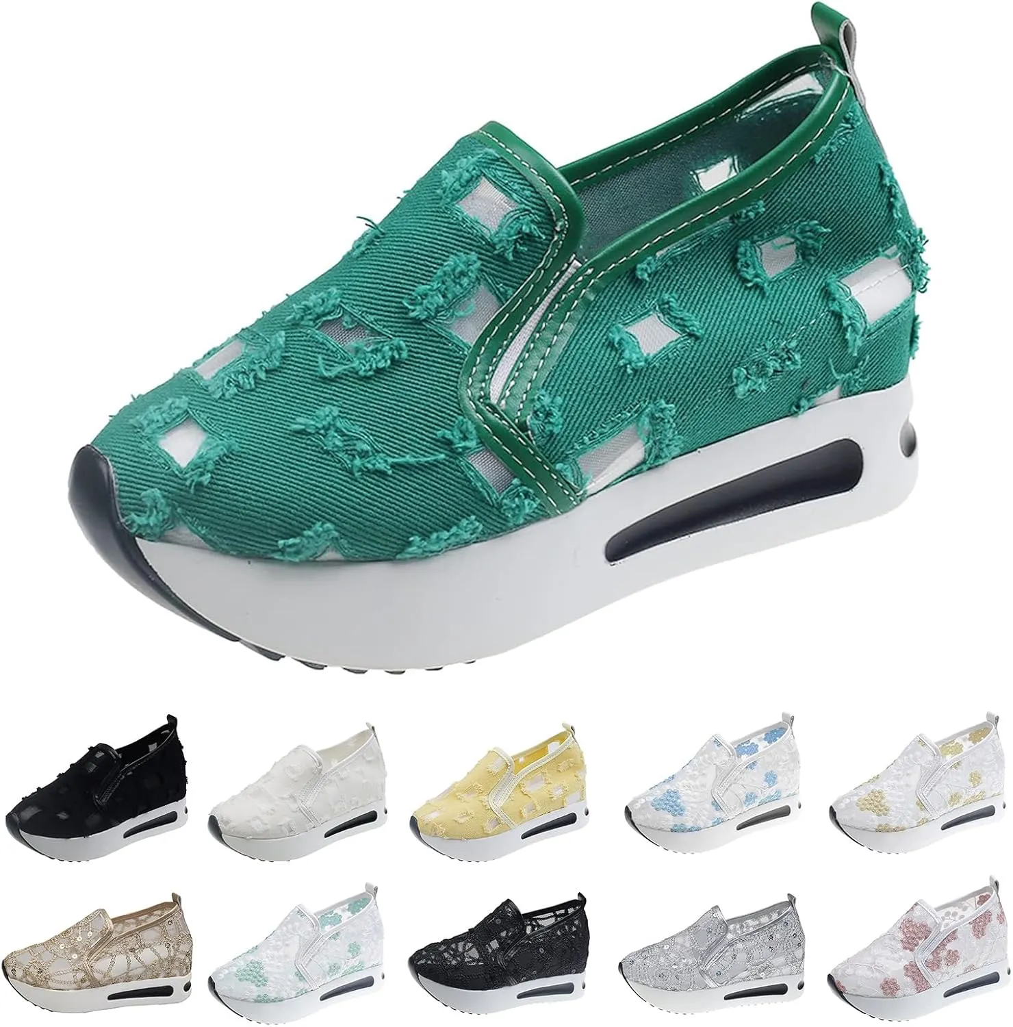 Platform Wedge Shoes for Women Breathable Floral Embroidery Shoes Dressy Casual Chunky Sole Sneakers Sheer Mesh High Heel Tennis Shoe Comfortable Walking Shoe