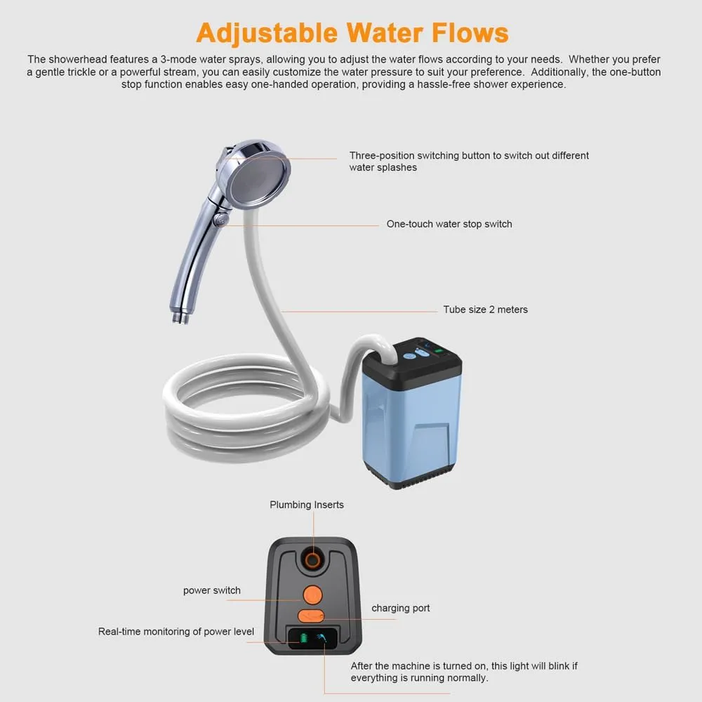 Portable Camping Shower Outdoor Electric Shower Pump able Battery Powed Shower Waterproof for Camping Hiking Backpacking Travel Beach Pet Watering