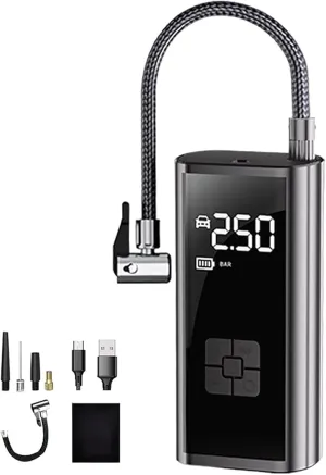 Portable Electric Tire Inflator with Smart AI Control, Fast Inflation Air Pump with LED Light, USB Type-C Rechargeable Car Air Compressor with Auto Shutoff, Compact for Vehicles