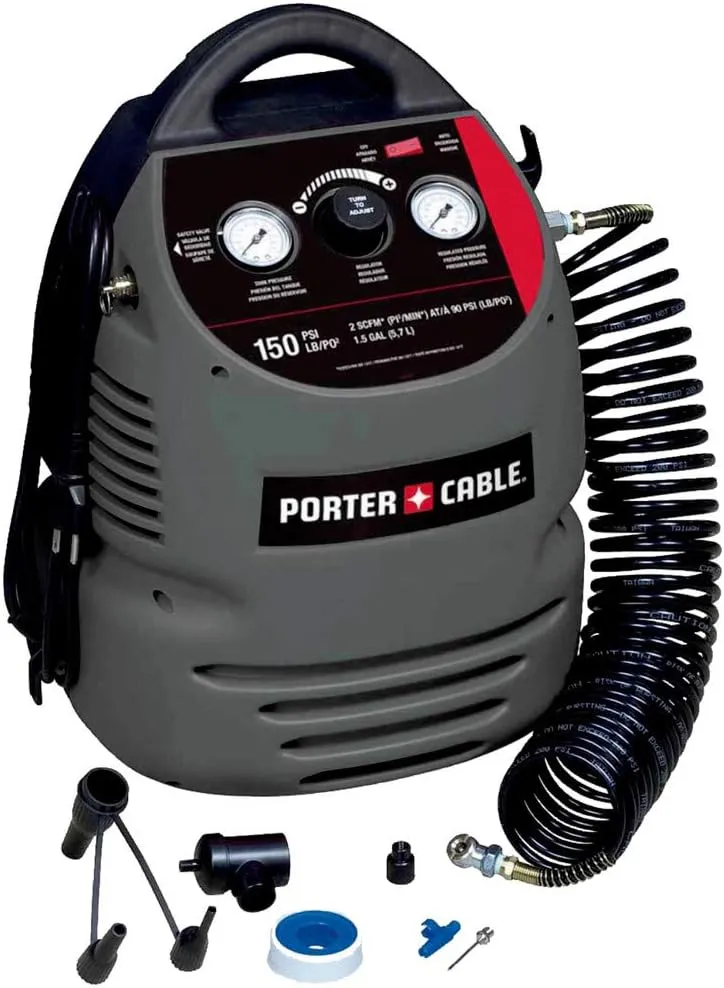 PORTER-CABLE Air Compressor Kit, 1.5 Gallon, Oil-Free, Fully Shrouded, Hand Carry, 25-Feet Hose (CMB15)