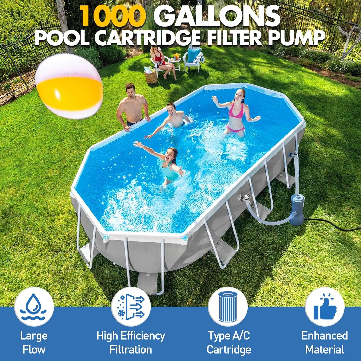 Pro Series 1000 GPH Above Ground Pool Filter Pump, Powerful Pool Cartridge Filter Pump, Water Circulation and Filtration System -Improved Water Clean & Clarity, Pools Pumps Above Ground-Gray
