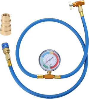 R134A Recharge Hose Kit with Gauge, 51'' AC Refrigerant Recharging Hose with R134A Piercing Can Tap Valve & Low Side Quick Coupler, R12 Adapter Connector