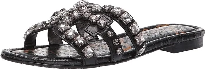Sandals Jewel Slides On Leather Award-winning Flats Round Connected Toe Black Sam Bay Slip Croco Edelman